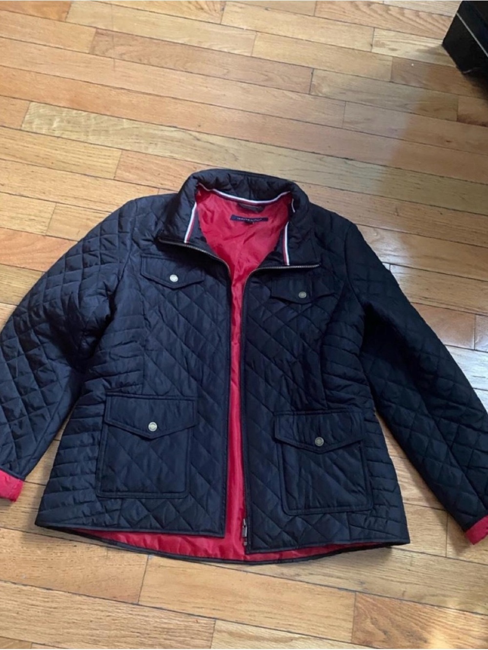 Tommy Hilfiger Black Quilted Puffer Jacket with Red Lining